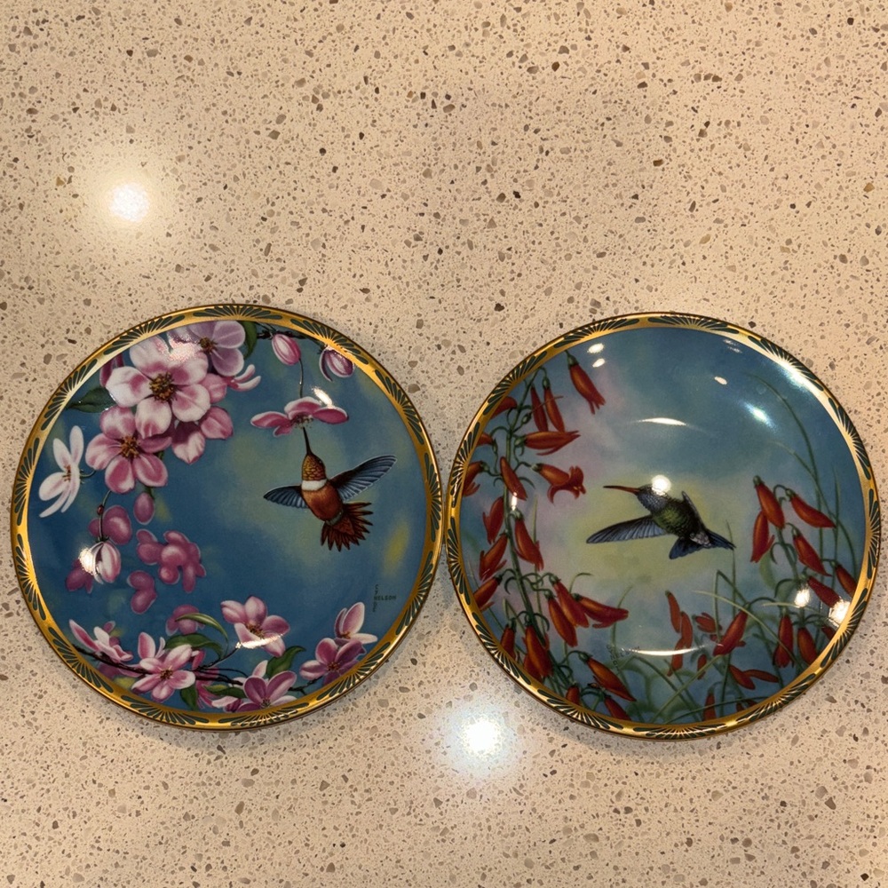 Set of 2 Limited Edition Hummingbird Floral Decorative Plate - Blue & Pink